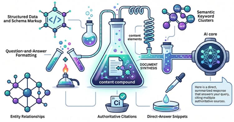 Scientific style diagram with a glowing lab flask connected to tubes molecule clusters a digital AI device and small data network symbols. The lab metaphor shows AI search engine optimization turning structured information into a concise cited answer.