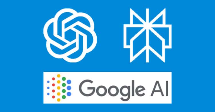 Blue graphic featuring logos for major AI and search platforms arranged in a simple three part layout. The visual connects AI search engine optimization with the tools people use to discover and evaluate information online.