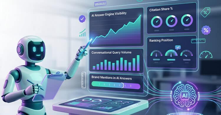 A small robot holding a clipboard points at glowing analytics dashboards with charts gauges and ranking panels. The scene shows AI search engine optimization being tracked through visibility citations query volume and brand mentions.