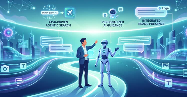 A businessperson and friendly robot stand on a glowing pathway through a futuristic city filled with floating search panels and chat bubbles. The scene shows AI search engine optimization guiding people through personalized answers while connecting brand visibility with interactive content discovery.