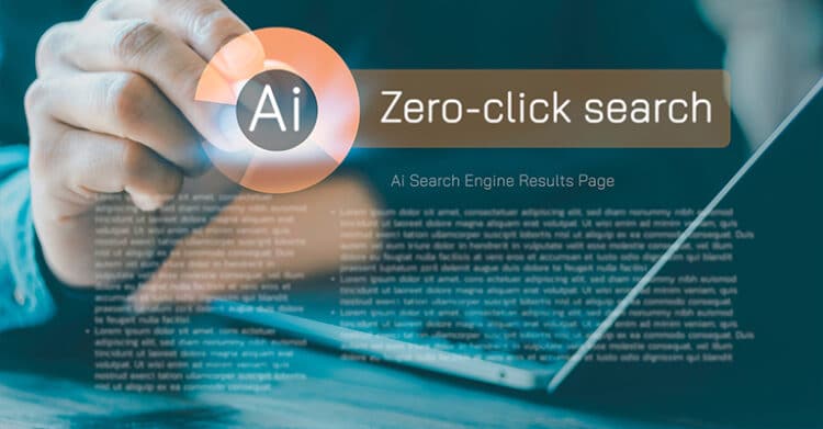A hand taps a translucent AI search interface over a laptop with blurred search result text in the background. The graphic reads "Ai" "Zero-click search" and "Ai Search Engine Results Page" to show how Google SGE can answer queries without a website click.