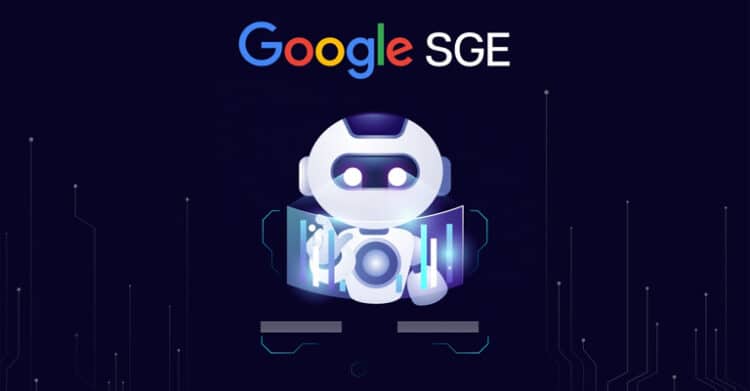 A glowing white robot mascot stands on a dark purple technology background beneath the text "Google SGE". The futuristic design suggests an AI powered search feature.