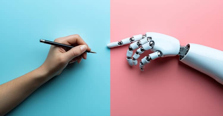 A human hand holding a pencil reaches in from a blue background while a white robotic hand holding a pencil reaches in from a pink background. The split composition compares human writing with AI generated content in a Google SGE context.