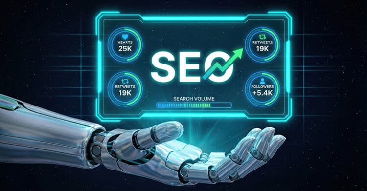A metallic robotic hand holds up a glowing futuristic dashboard with the text "SEO" and "SEARCH VOLUME". Small metric panels read "HEARTS 25K" "RETWEETS 19K" "RETWEETS 19K" and "FOLLOWERS +5.4K" to connect AI search visibility with Google SGE and SEO growth.