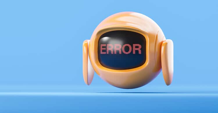 A small orange robot floats against a blue background with the word "ERROR" glowing on its black face screen. The simple graphic suggests a Google SGE problem or failed AI search response.
