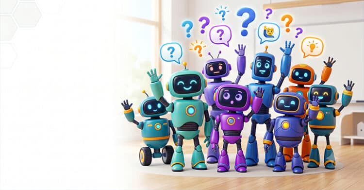 A group of colorful friendly robots stand together in a bright room with question mark and light bulb icons floating above them. The scene suggests AI tools answering search questions in a Google SGE style interface.