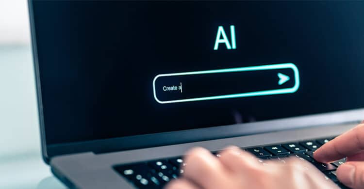 A laptop screen shows "AI" above a glowing search bar that says "Create a" with a turquoise arrow button. Hands type on the keyboard as someone uses an AI tool to draft AI-Proof Content.