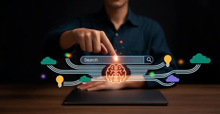 A person taps a glowing search bar labeled "Search" above a tablet with a digital brain icon beneath it. Flowing lines connect cloud and light bulb icons around the search tool, suggesting research and ideas for creating AI-Proof Content.
