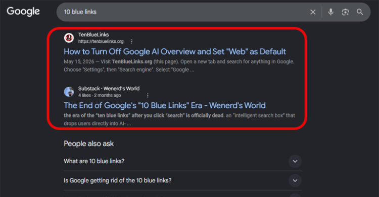 Google search results for "10 blue links" with two traditional website results outlined in red above the "People also ask" section. The screenshot highlights the classic blue link format being displaced by newer zero click search results.